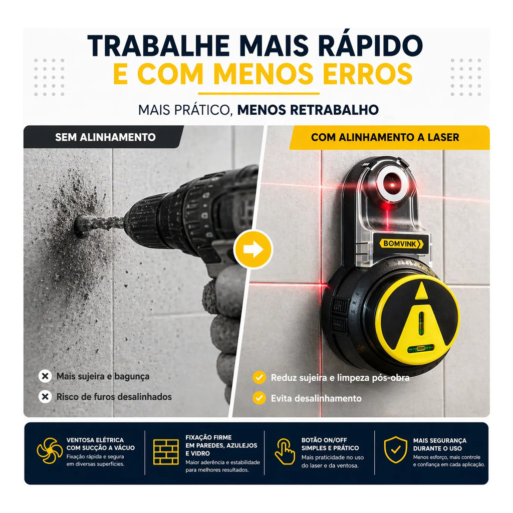 Coletor de Pó c/ Nível Laser 360° para Furadeira Fixação Vácuo USB Recarregável