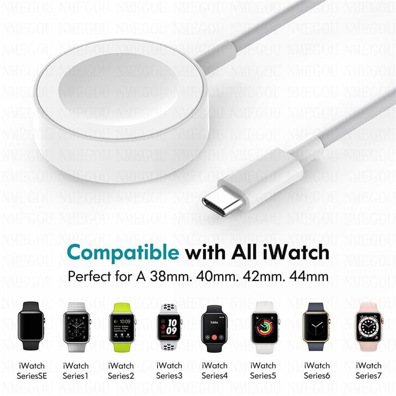 Carregador Magnético USB-C /Tipo-C Compatível com Apple Watch Série 2/3/4/5/6/7/SE - Cabo 1m