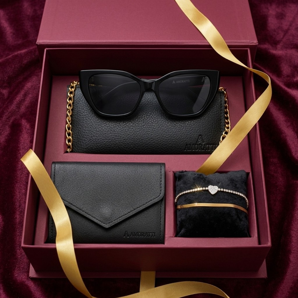 Kit Presente Dia Dos Namorados Feminino Amoratti Óculos Sol Carteira Pulseira Coração