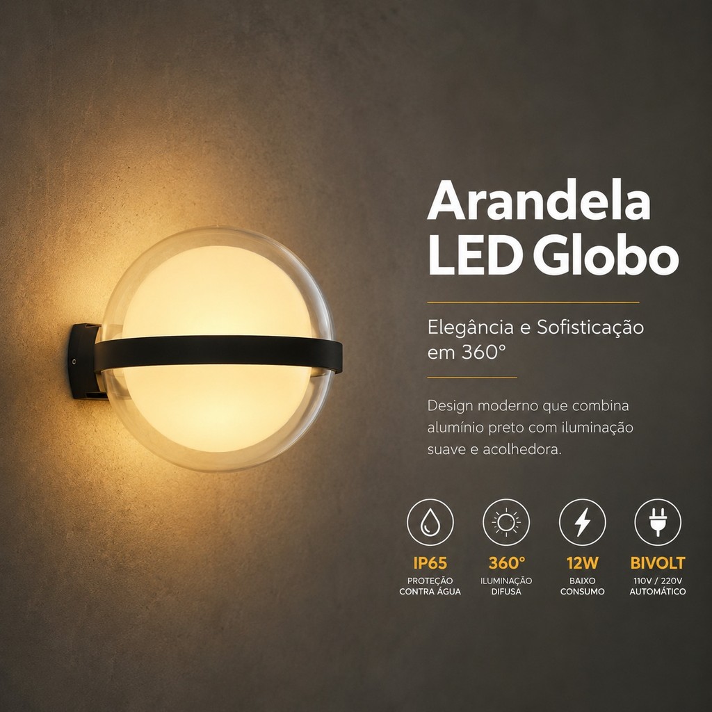 Arandela Parede Externa Globo Led 12w Preta Ip65 Bivolt