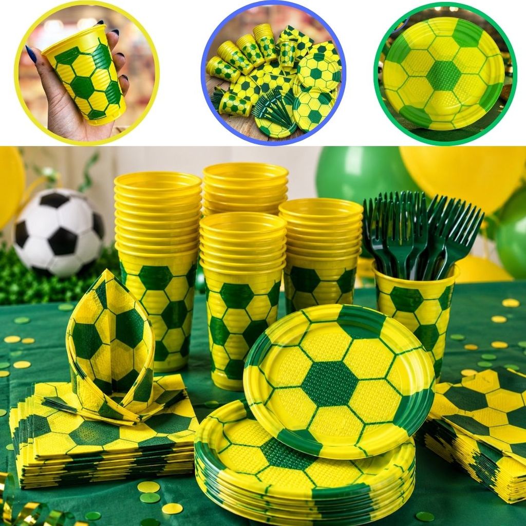 KIT FESTA 50 PESSOAS BRASIL COPA 50 COPO 50 PRATO 50 GARFOS 50 GUARDANAPOS (CHOCO)