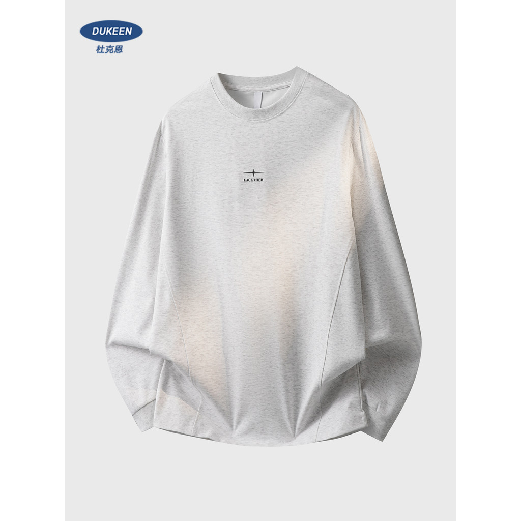 DUKEEN estilo americano bordado costura manga comprida camiseta masculina primavera novo estilo em torno do pescoço mole