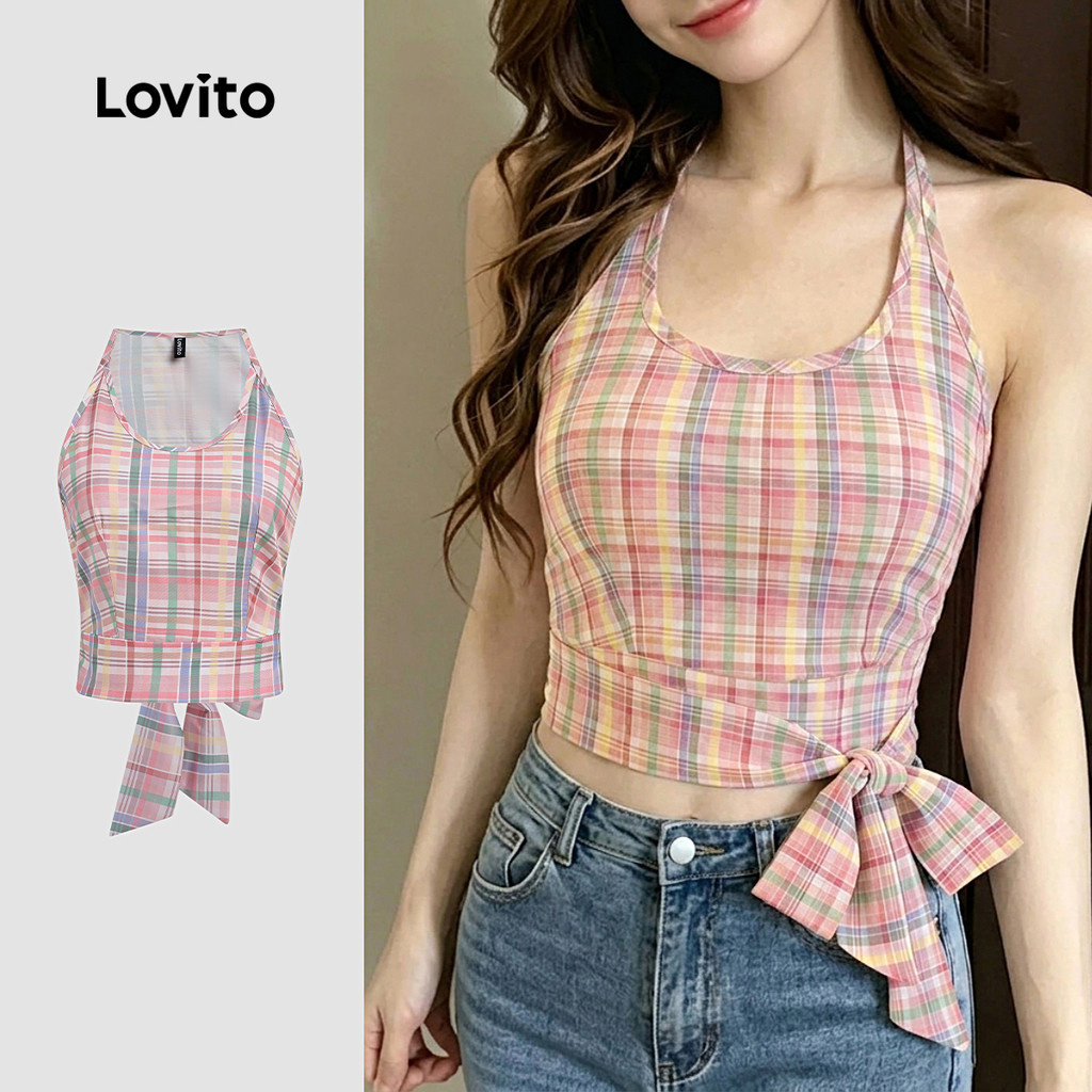 Lovito Top Casual com Amarração para Mulheres - Top de Primavera/verão em Rosa Bordado LK4ED856