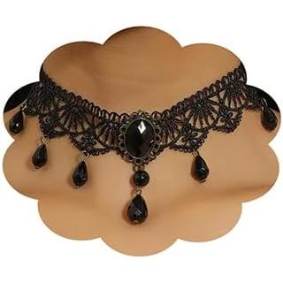 Colar Choker Boho com Pingente de Cristal e Contas Pretas, Colar Choker Vintage de Renda Preta, Colares Góticos de Renda