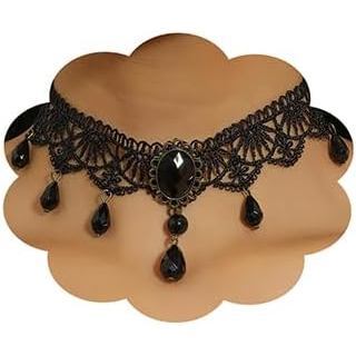 Colar Choker Boho com Pingente de Cristal e Contas Pretas, Colar Choker Vintage de Renda Preta, Colares Góticos de Renda