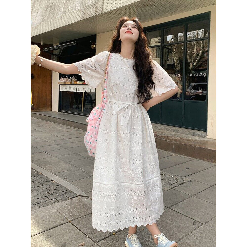Fat mm tamanho grande mais magro olhar francês branco oco vestido de manga curta feminino verão 150kg pequeno fresco pri
