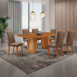 Mesa de Jantar Carolina 180cm Tampo MDF Canto Copo Laminado com 6 cadeiras Lira
