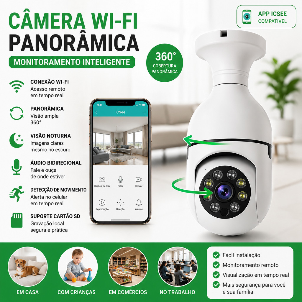 Câmera WiFi IP 8177 Monitoramento Compatível com ICSEE Visão Noturna Áudio Bidirecional