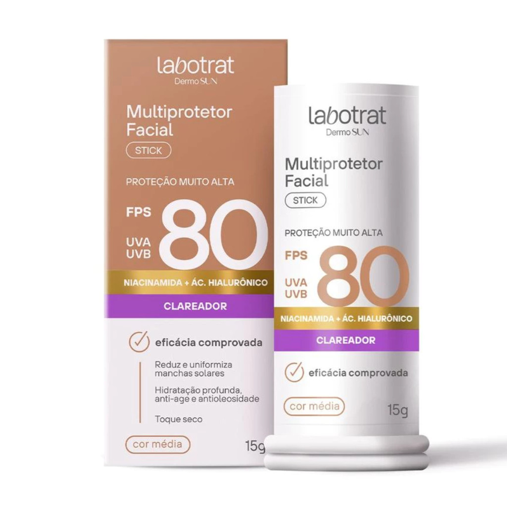 Protetor Solar Facial Stick Labotrat FPS 80 15g - Antienvelhecimento Clareador e Hidratante Cor Bege Média
