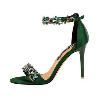 Flor verde diamante salto alto fivela de cristal sandálias femininas de strass WT8J