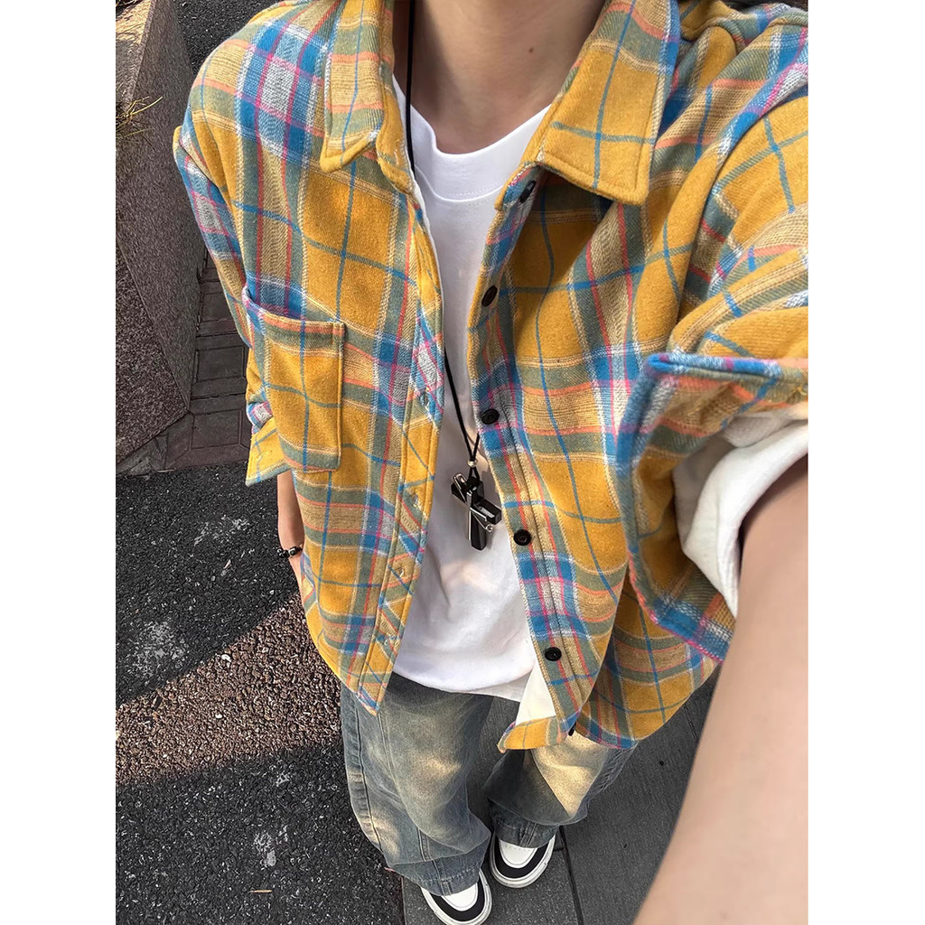 Camisa xadrez escovada amarela Vintage masculina primavera americana retrô xadrez protetor solar camisa casaco de alta q