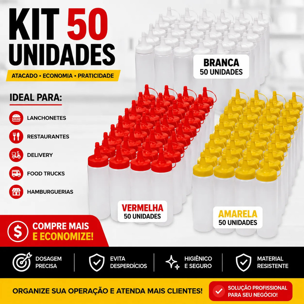 Bisnaga Para Molho Tubo 200ml Kit 50 Unidades Squeeze Ketchup Mostarda Maionese Delivery Lanchonete
