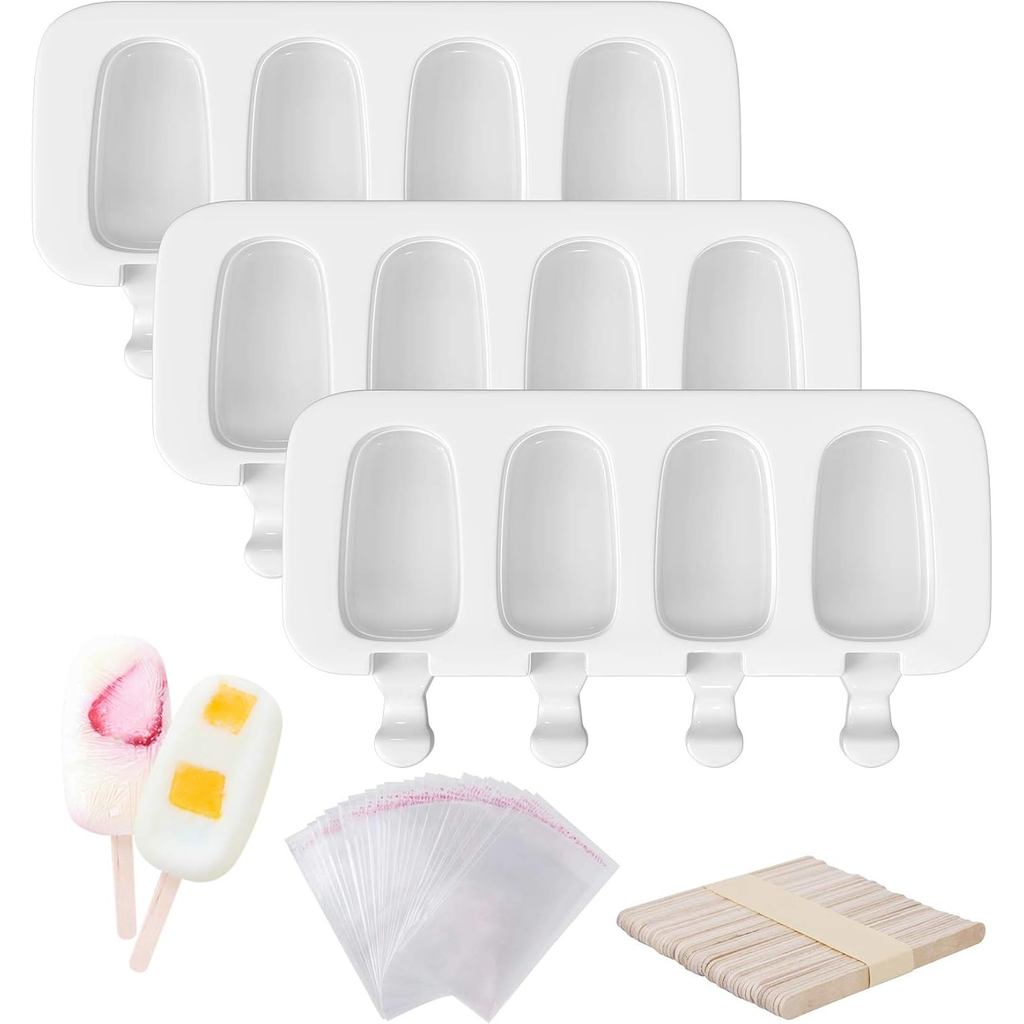 Conjunto de 3 Formas para Picolé, Formas de Silicone para Picolé com 12 Cavidades e Molde Oval para Cake Pop com 50 Pali