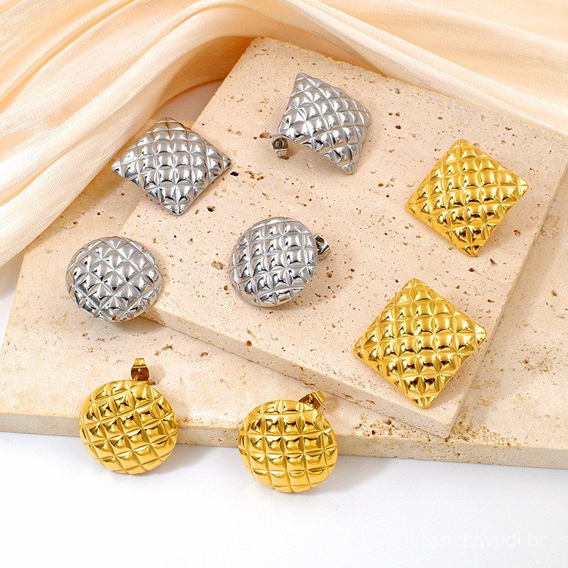 Brincos populares de aço de titânio com padrão de diamante, estilo europeu e americano, moda de luxo leve, joias banhada
