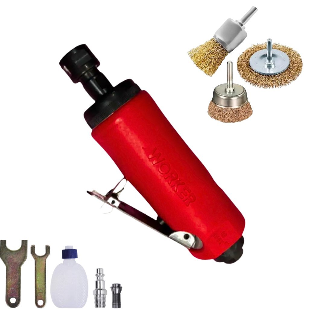 Kit Retificadeira Pneumática Worker 16 Peças com 3 Escovas de Aço para Limpeza e Acabamento