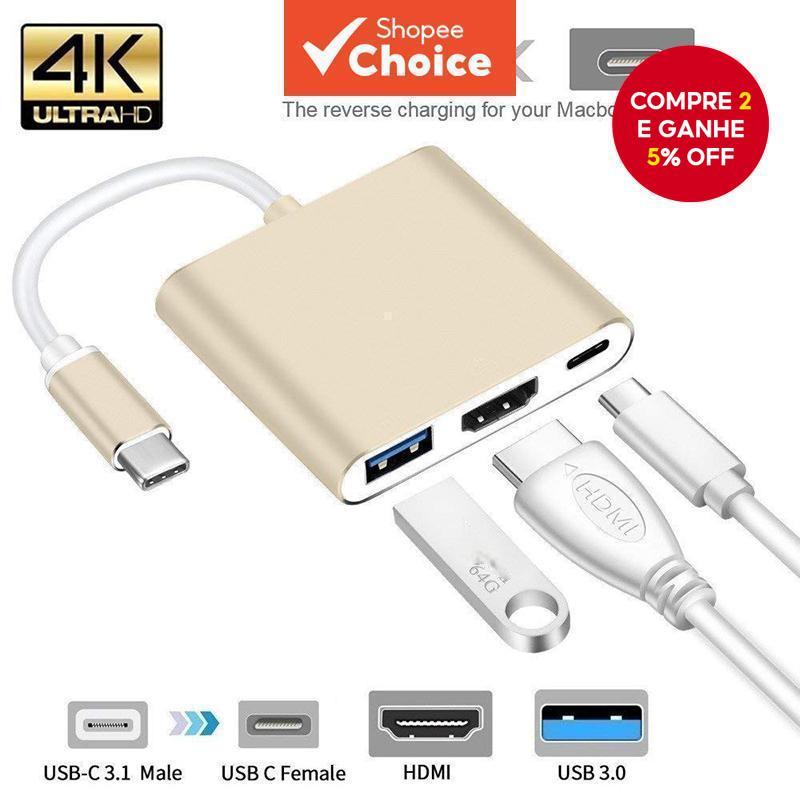 Tipo-C HUB USB Para HDMI Divisor Compatível-3 Em 1 4K-3.0 PD Adaptador Inteligente De Carregamento Rápido MacBook