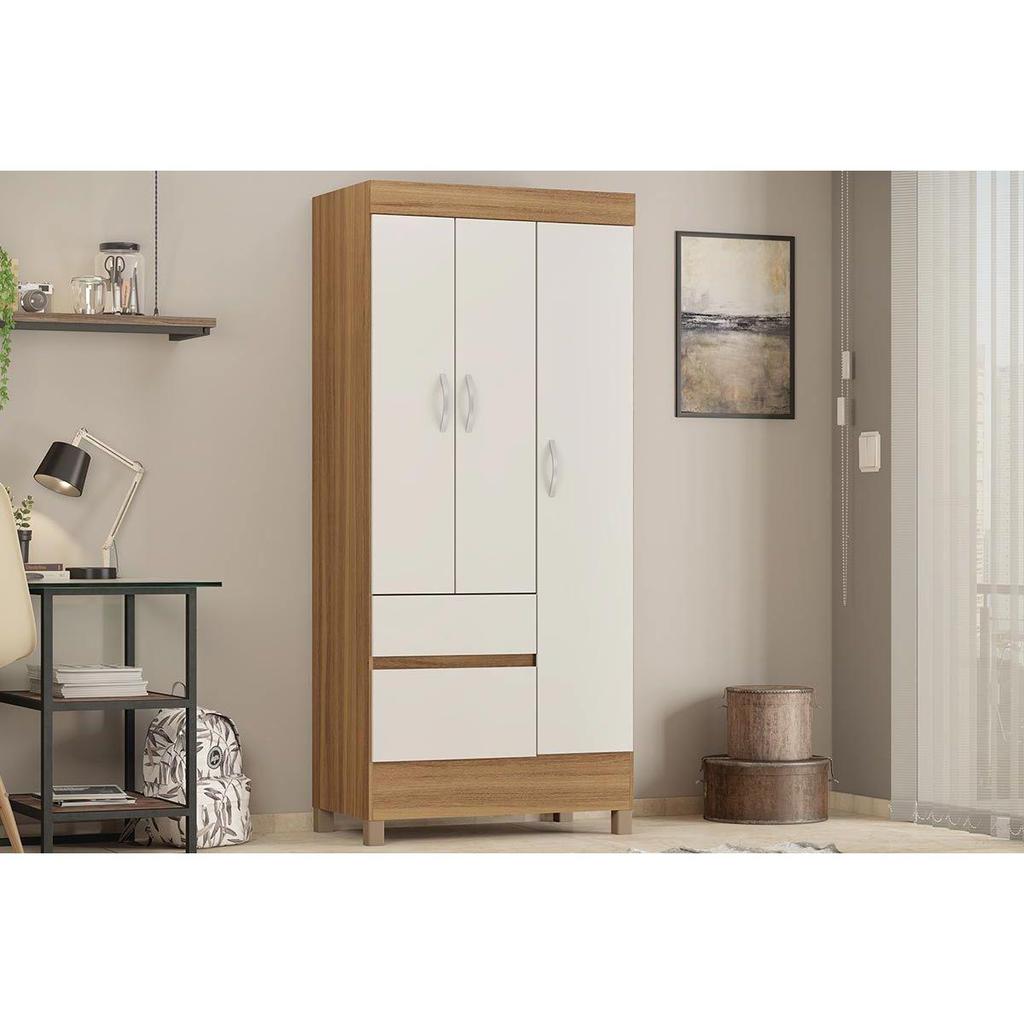 Guarda Roupa Solteiro 3 Portas e 2 Gavetas Wind Amêndola/Off White - Demóbile