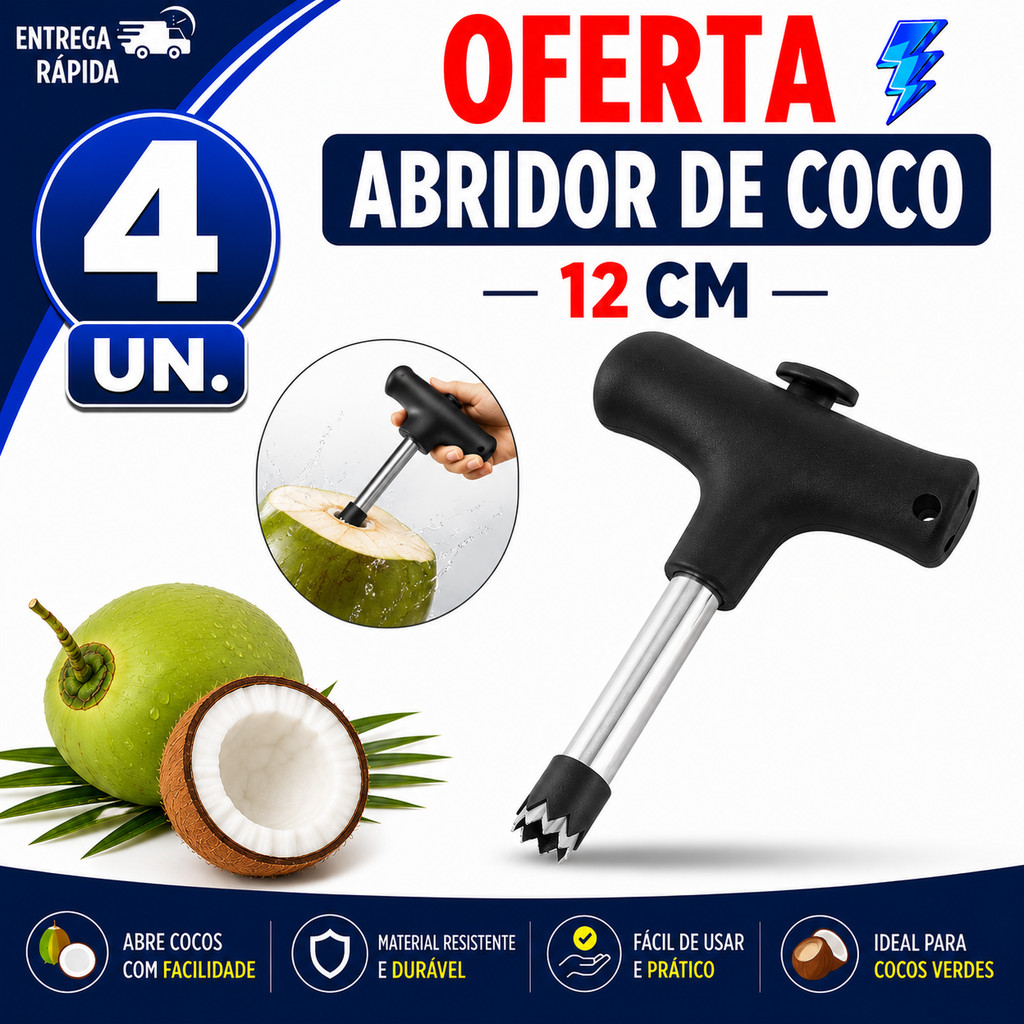 ABRIDOR DE COCO INOX 12CM MANUAL PRÁTICO HASTE REMOVÍVEL PARA ÁGUA DE COCO PRAIA QUIOSQUE COZINHA PREMIUM
