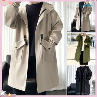 [LK] Trench Coat Masculino Com Capuz , Ajuste Solto , Comprimento Médio , Bolsos Grandes , Manga Comprida , À Prova De V