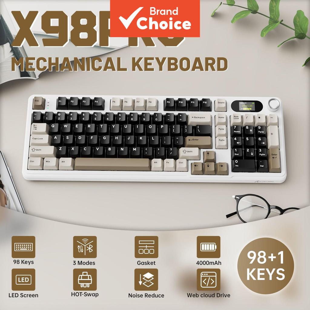 Teclado Mecânico Gamer Attack Shark X98 Pro, Tri-Modo (Bluetooth/Com Fio), 98 Teclas, Tela TFT, Knob CNC, Troca a