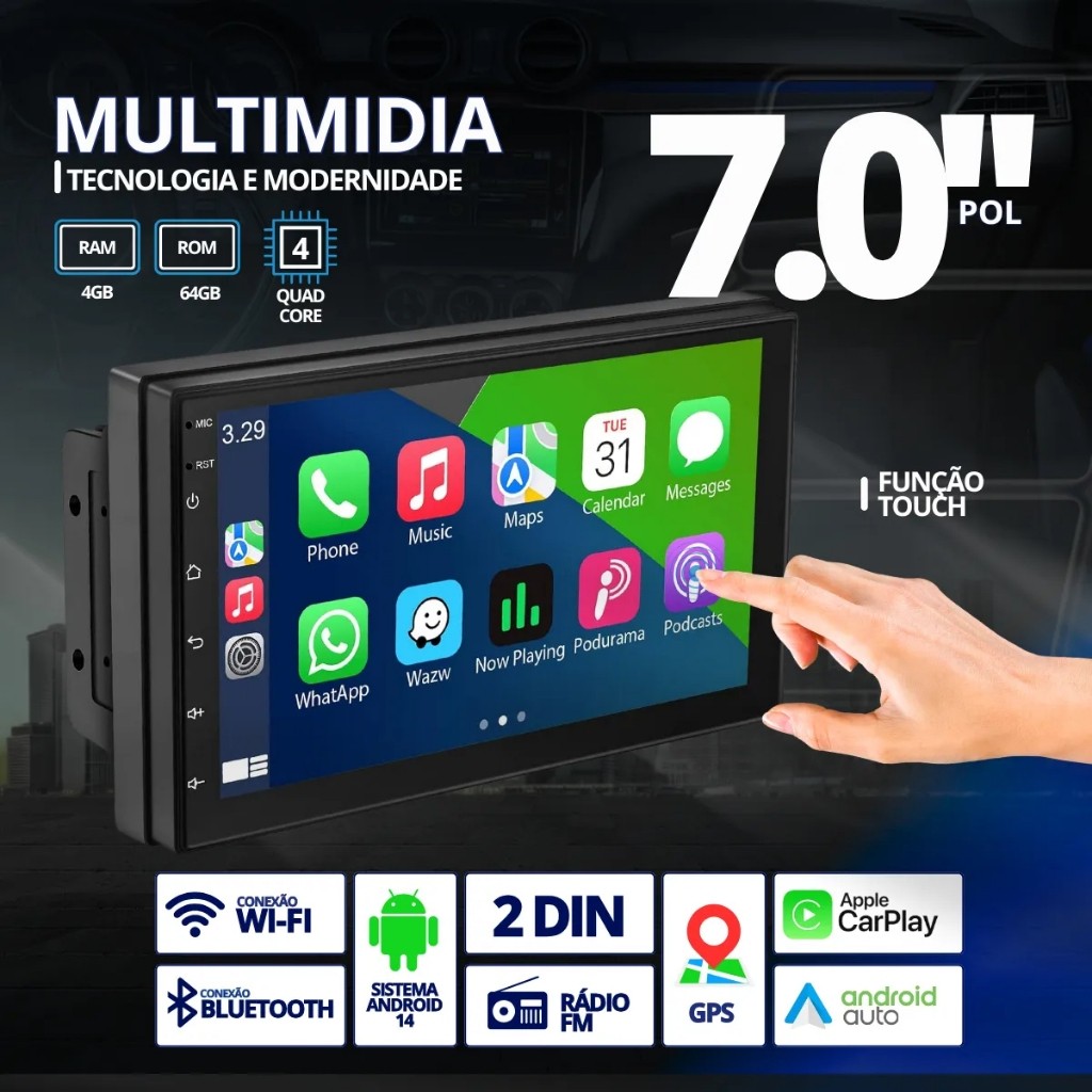Multimidia Universal 7p Android 14 Carplay 4gb 64gb Qled Gps Preto