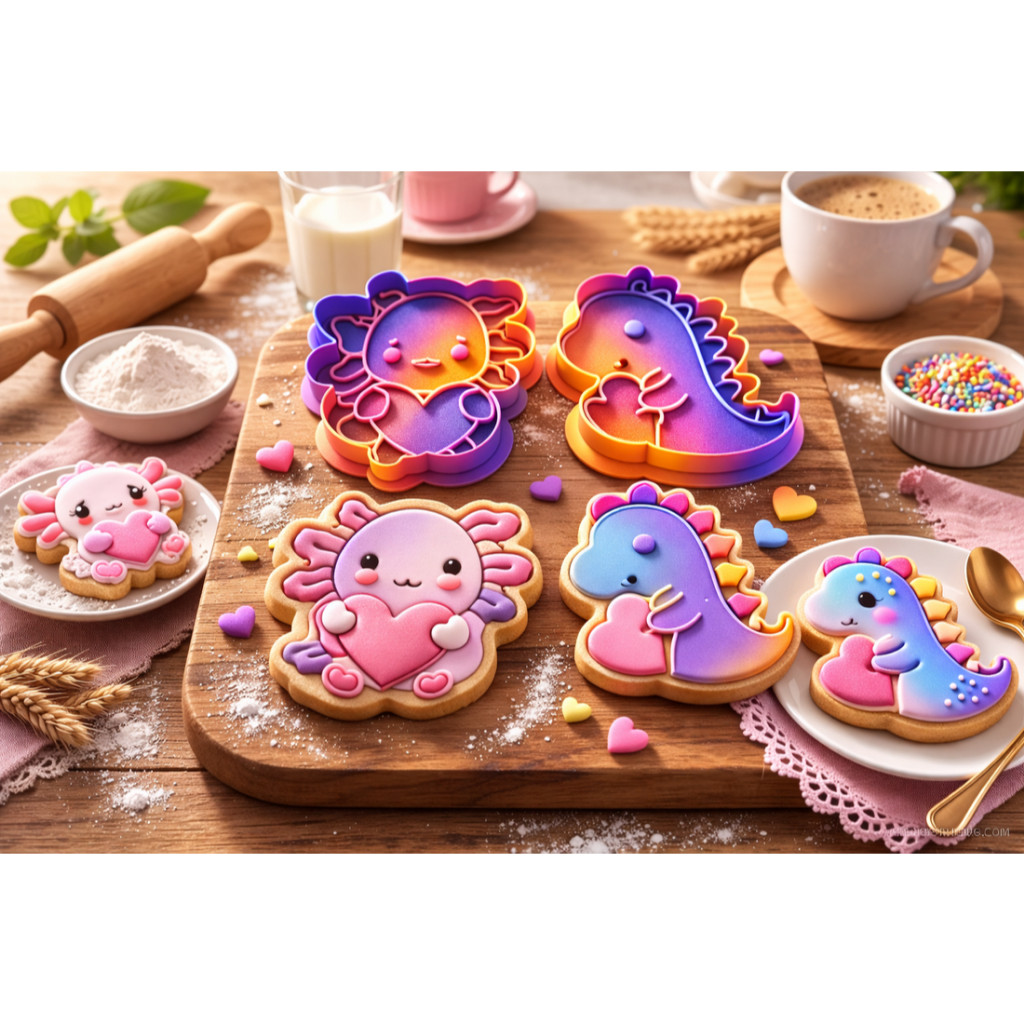 Molde de Carimbo e Cortador de Biscoito Axolote e Dinossauro 3D Kit Cortadores para Confeitaria Pasta Americana e Cookie