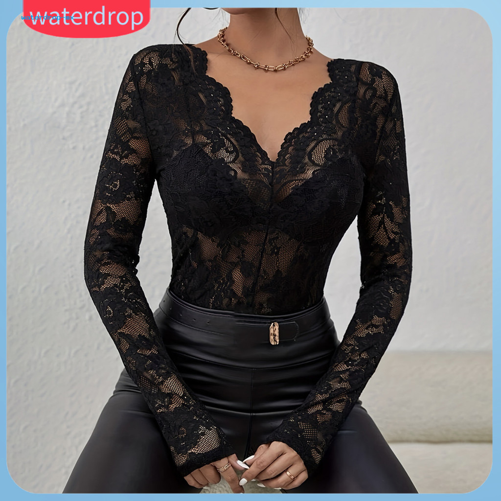 Women’s V-neck Long Sleeve Lace Top See-through Floral Design Pullover Slim Fit Layering Shirt Stylish and Versatile B