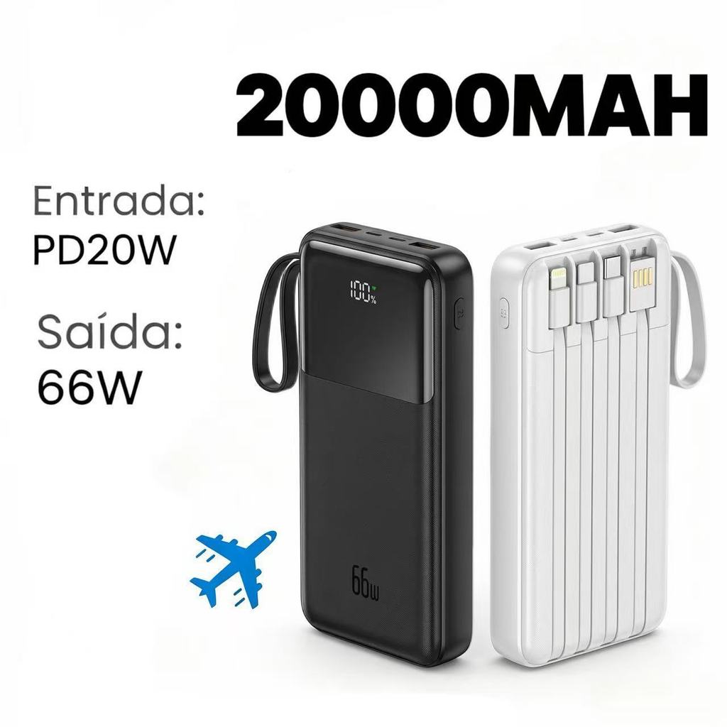 Carregador Power Bank Portátil de celular 20000mAh Universal Saída 4 Cabos com 66W Fast Charging
