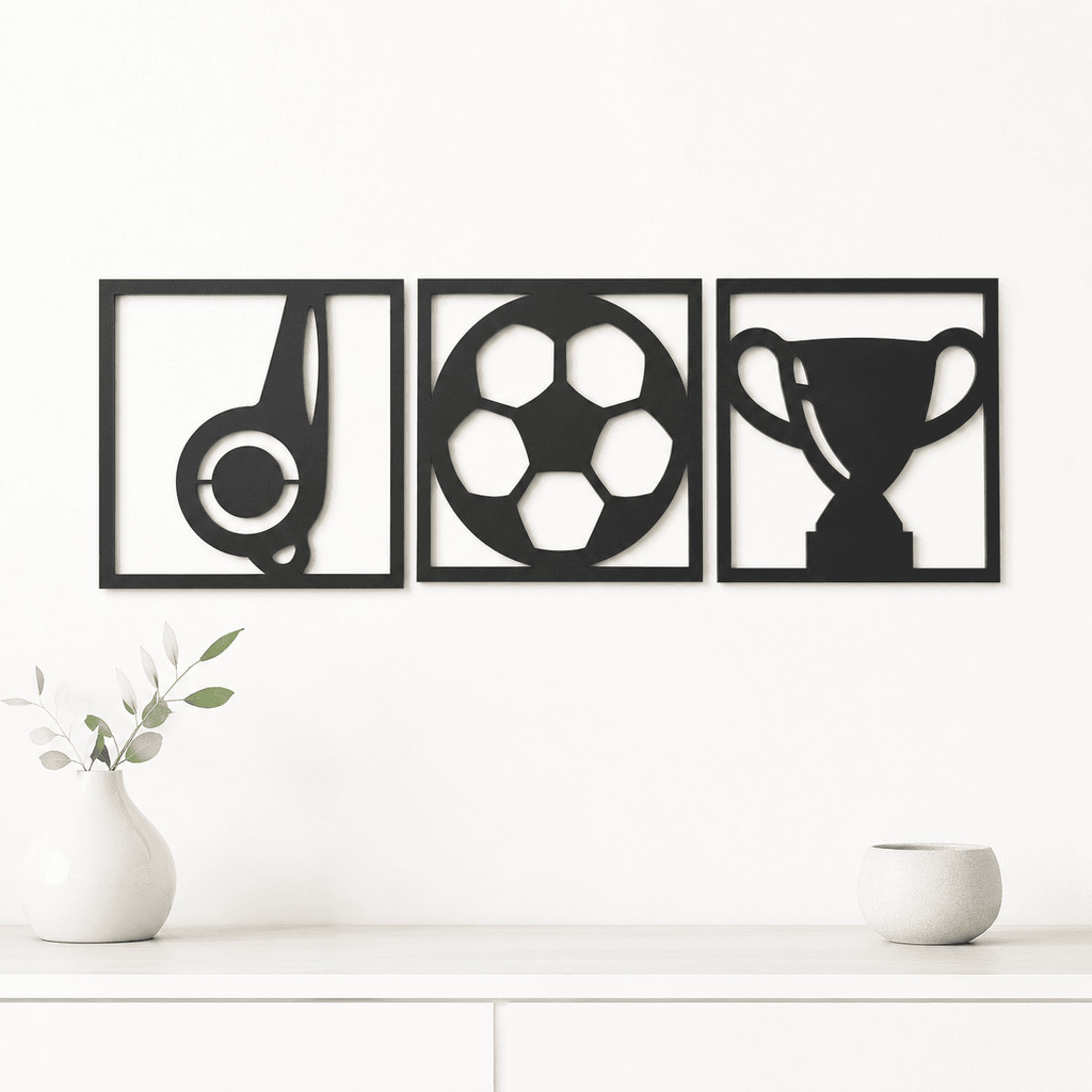 Kit Quadros Futebol Apito Bola Troféu MDF Preto 3mm Decoração Esportiva Para Parede Moderna