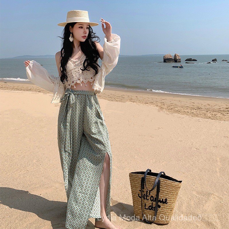 [Venda relâmpago por tempo limitado] Conjunto de biquíni com top vazado e calças largas de chiffon com fenda, estilo fér