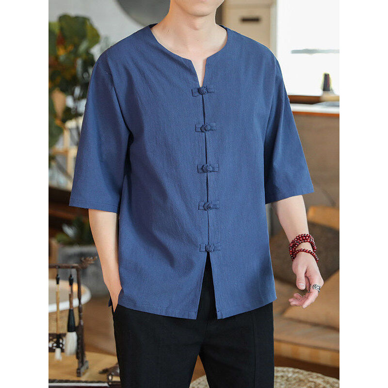 Verão estilo chinês camisa de manga curta masculina jaqueta Retro abotoado algodão linho meia manga Street Wear camisa d