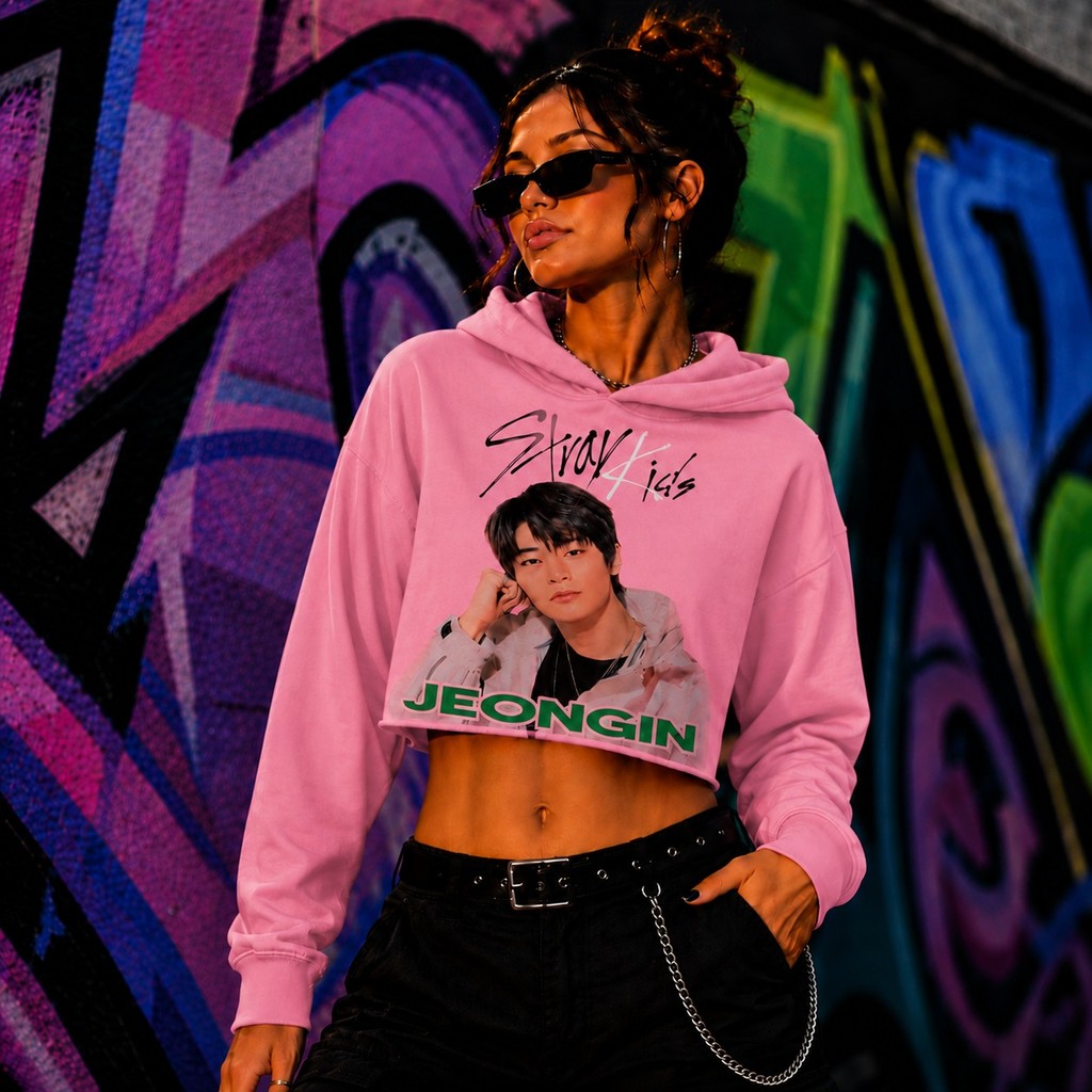 Moletom Kpop Jeongin Feminino Rosa Estampa Banda Stray Kids Cropped