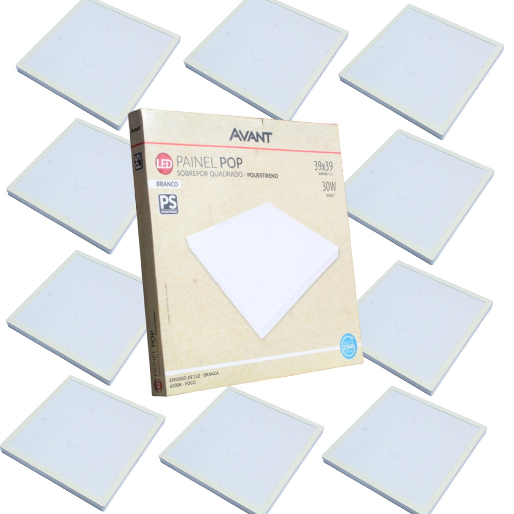Kit 10 Luminária de Teto Painel Plafon 30W Sobrepor Quadrado Luz Branco Frio 6500K 127v 220v Avant
