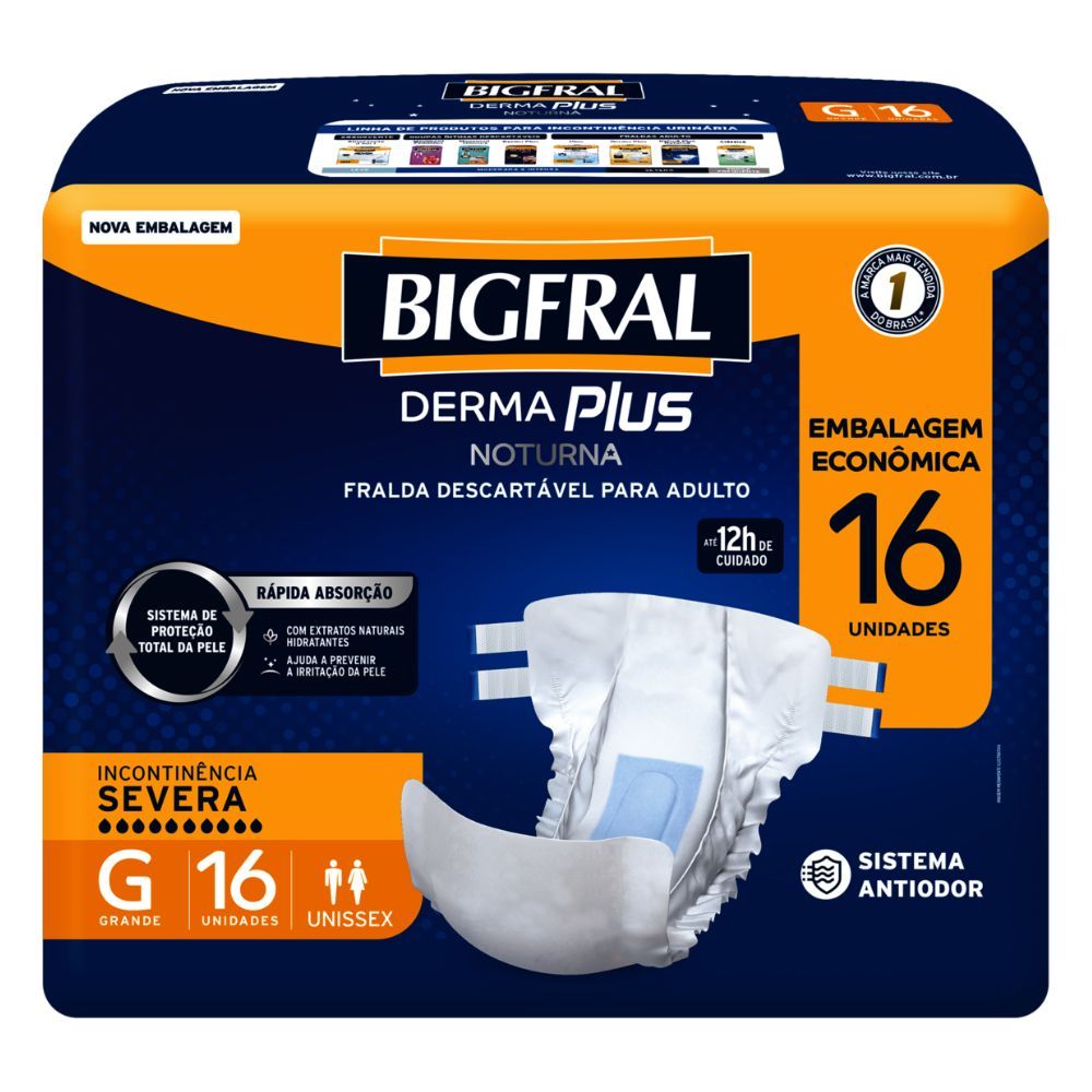 Fralda Geriátrica Bigfral Derma Plus Noturna Unissex Tamanho G Descartável com 16 Unidades