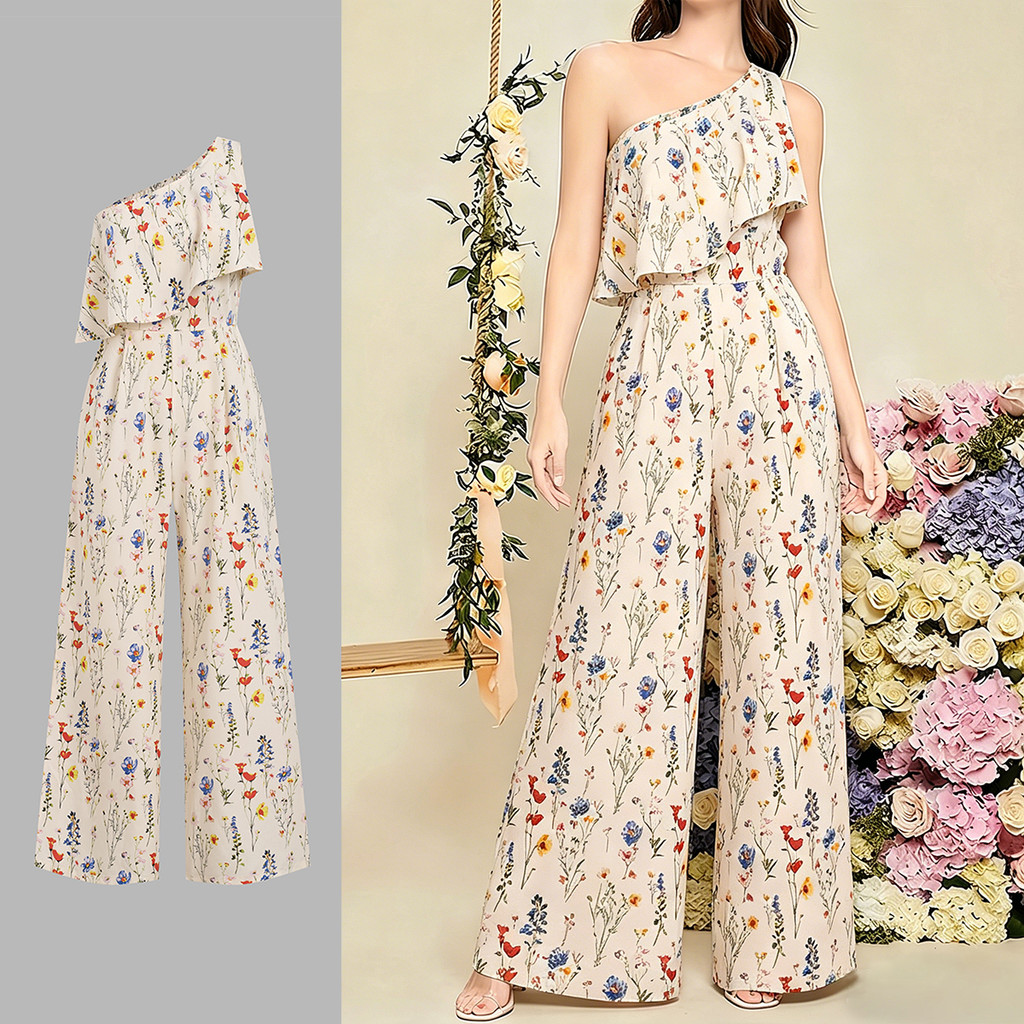 Lovito Macacão Boho Babado Zíper Macacão Primavera/verão para Mulheres LK6ED271