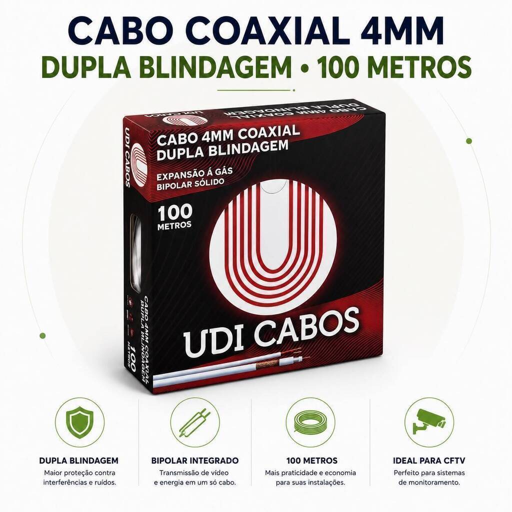 Cabo Coaxial 4mm com Alimentação para CFTV 100m Bipolar UDI