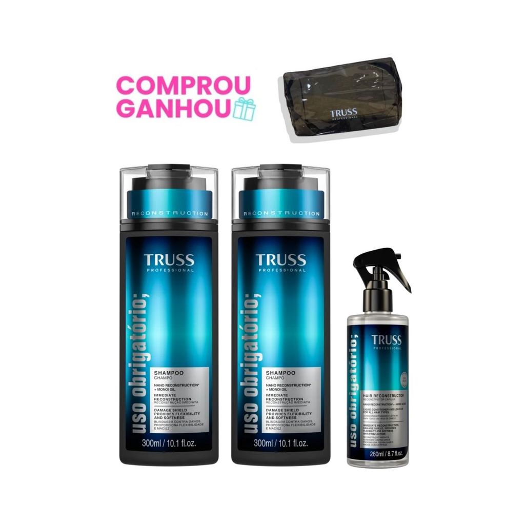 Kit Uso Obrigatorio - Shampoo e Condicionador 300ml, Spray 260ml + Brinde - Truss