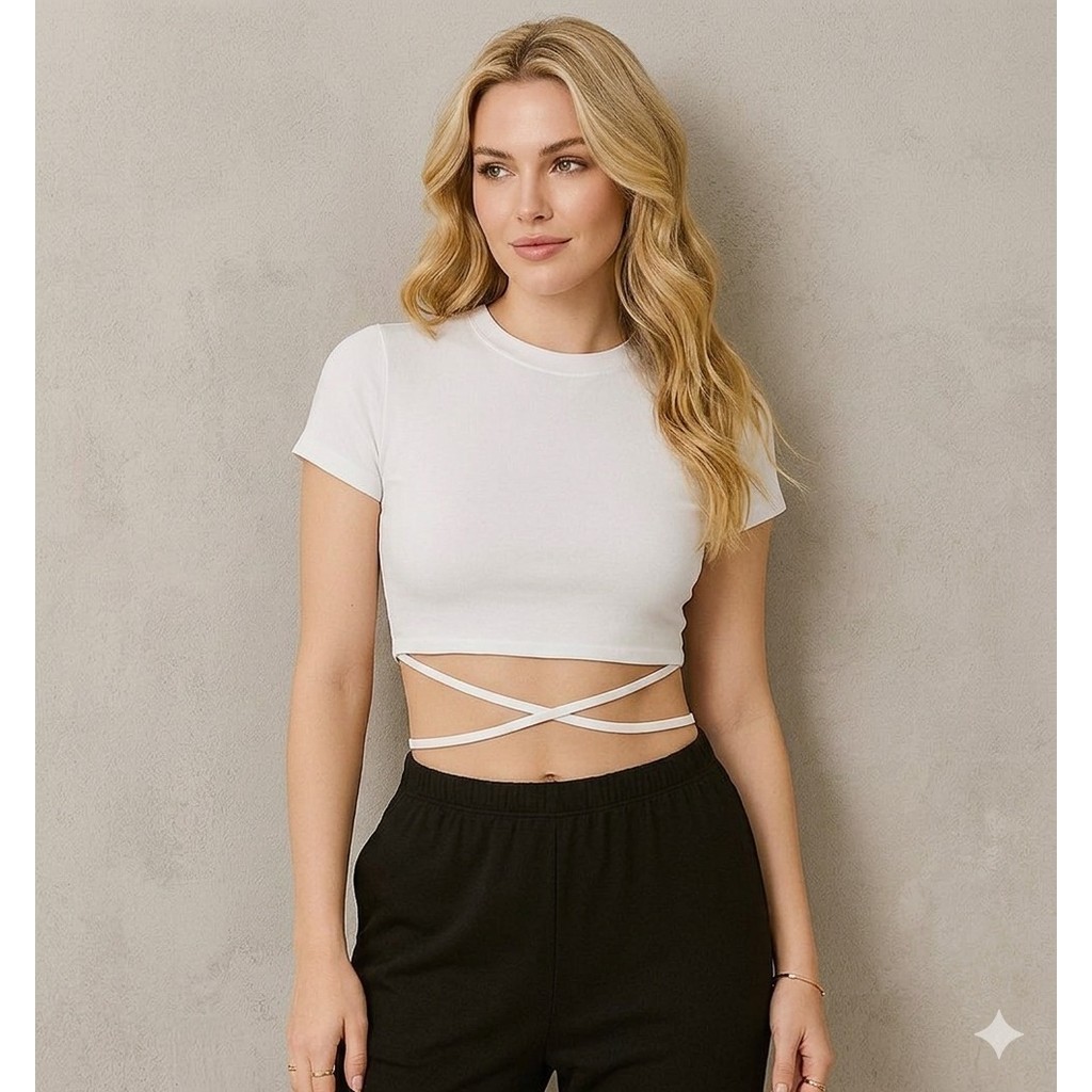 blusa cropped feminino manga curta detalhe tiras tecido canelado perfeita elegante