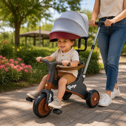 Triciclo Infantil Empurrador Ajustavel Conforto Seguro Rodas Silenciosas Cinza Vintage