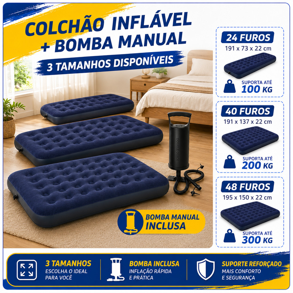 Inflatable Mattress Supports 300kg Double Camping Beach +  Manual Air Pump