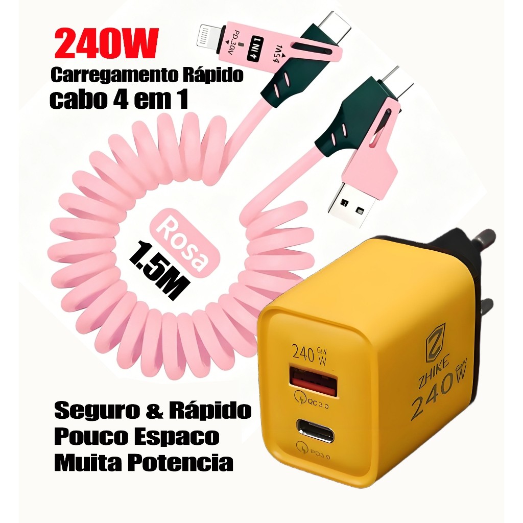 Kit Carregador GaN 240W + Cabo Retrátil 4‑em‑1 65W, Carga Rápida Segura para iPhone Android