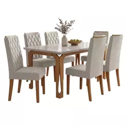 Conjunto Sala de Jantar Mesa 1,60m com Vidro Nadine 6 Cadeiras Bele