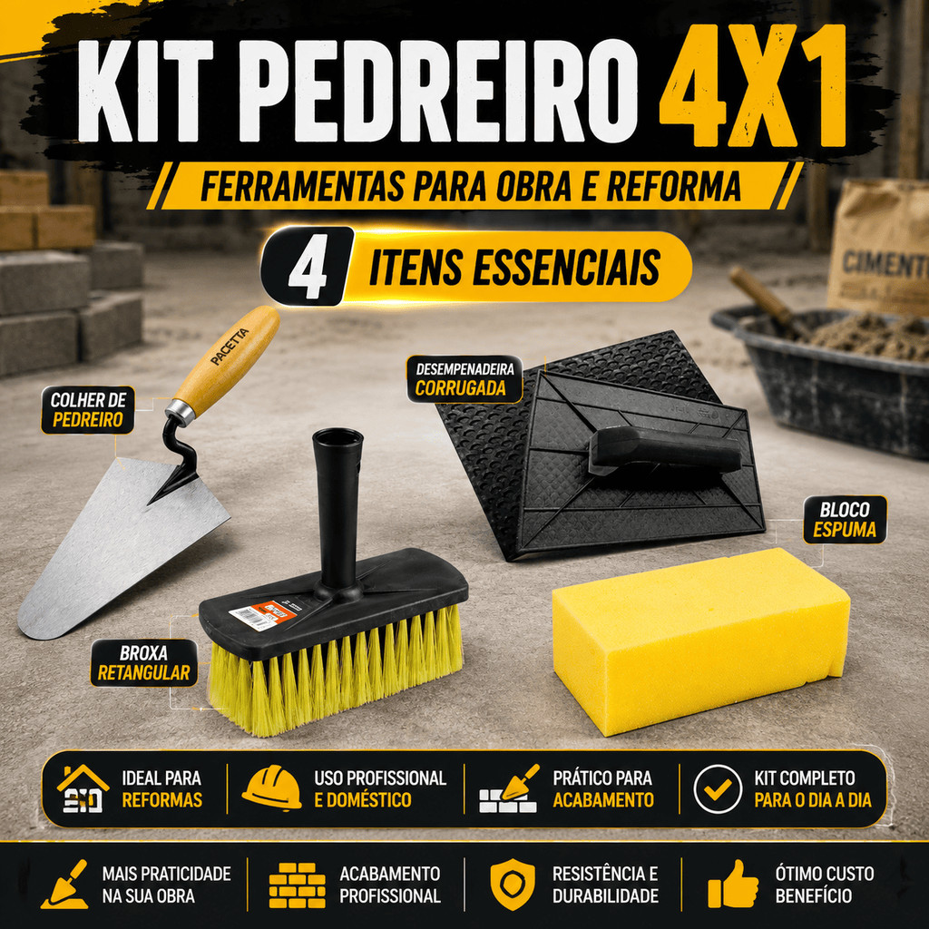 Kit Alvenaria 4x1 Colher de Pedreiro + Desempenadeira + Broxa Retangular + Bloco Espuma