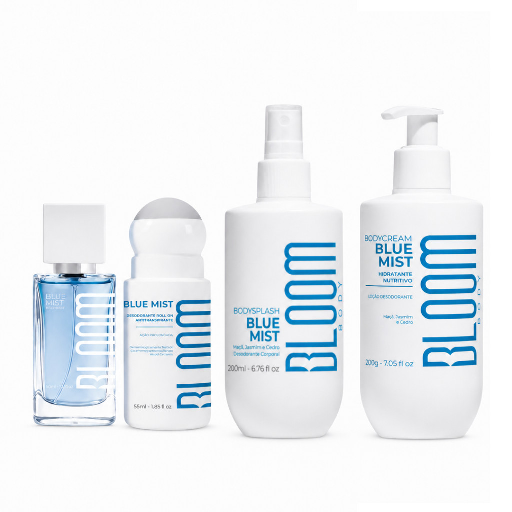 Kit Bloom Blue Mist – Perfume Capilar 50ml + Desodorante Roll-On 55ml + Body Splash 200ml + Body Cream 200g