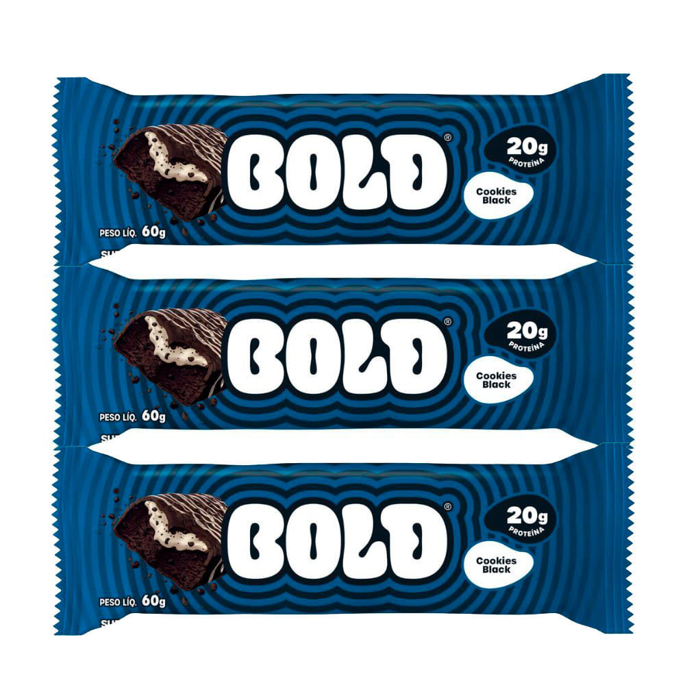 Kit 3 Barra de Proteína Bold Tube Sabor Cookies Black com 20g de Proteína 60g