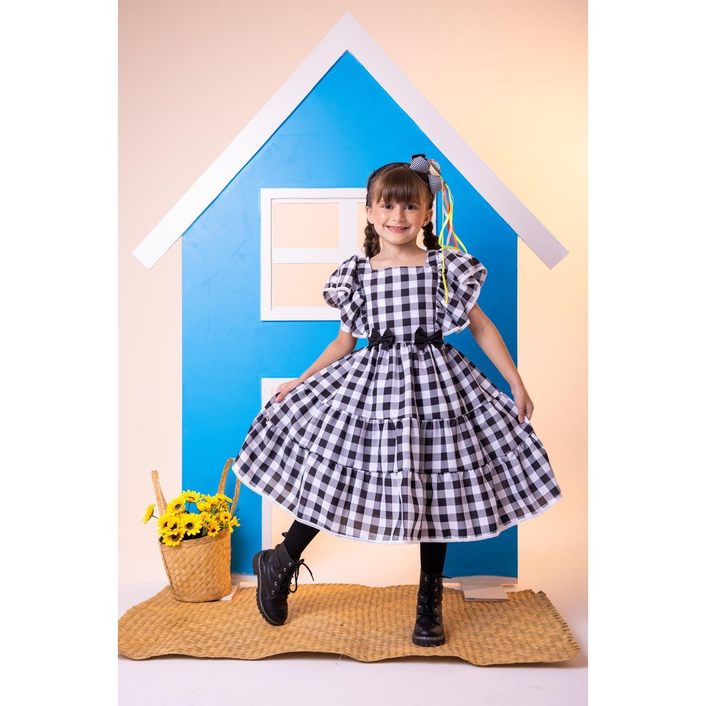 Vestido Infantil Menina Junino Xadrez Temático Arraial Roupa De Festa Junina Soltinho São João Manga Curta Babadinhos
