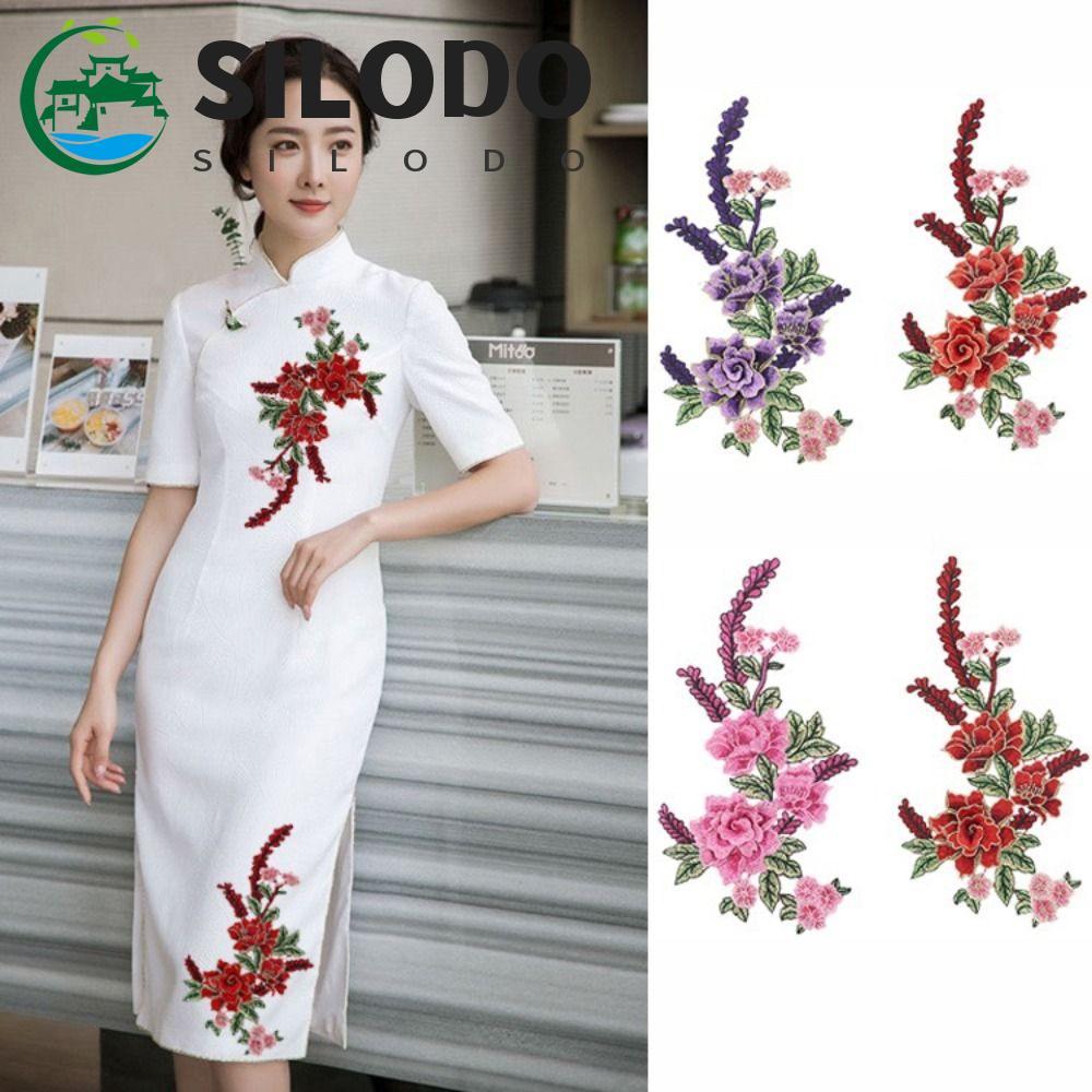 SILODO Patch Elegante Luxo Emblema Vestuário Costura Rosa Peônia Flor Bordado