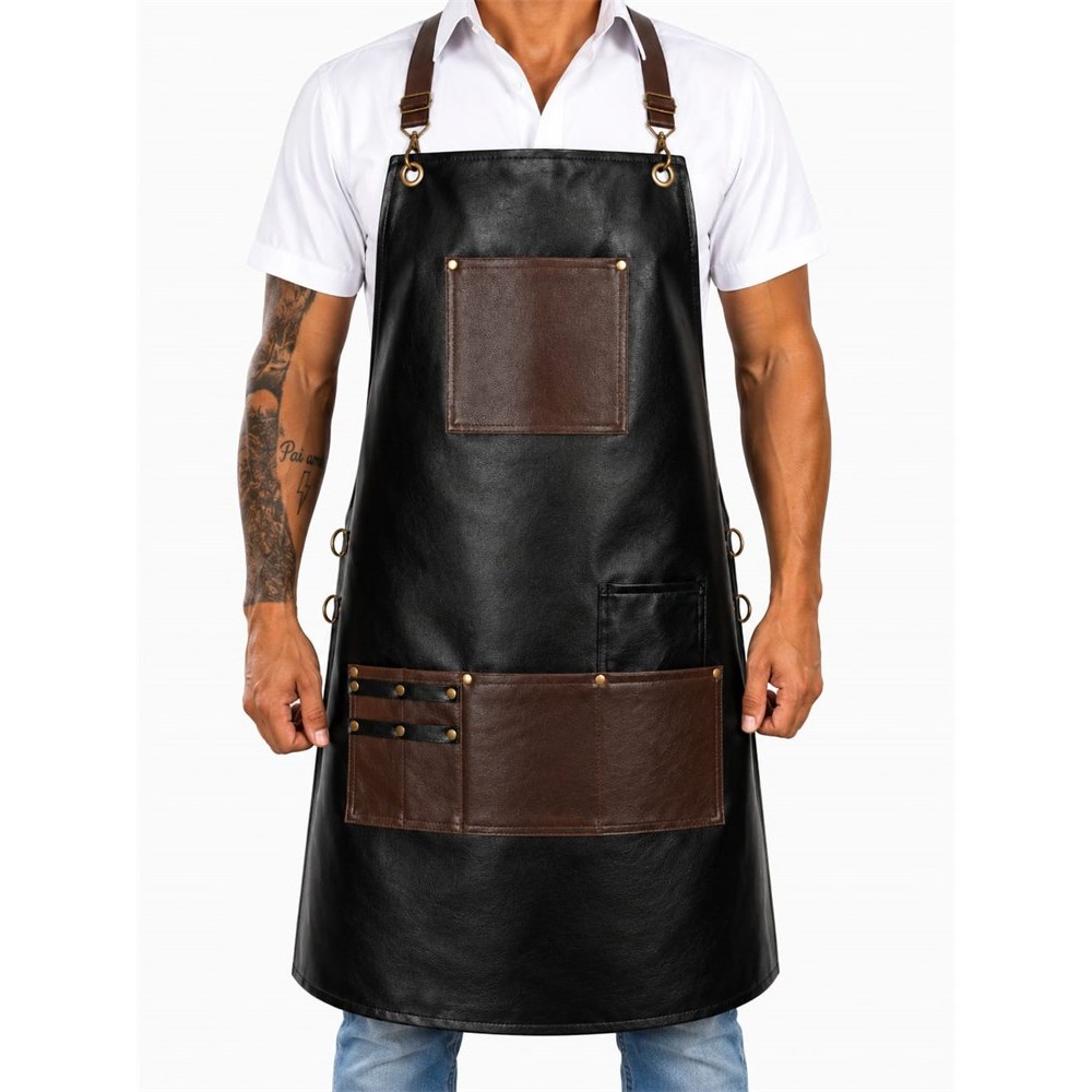Avental de couro Preto com bolso marrom Churrasco e Barbeiro cod 763