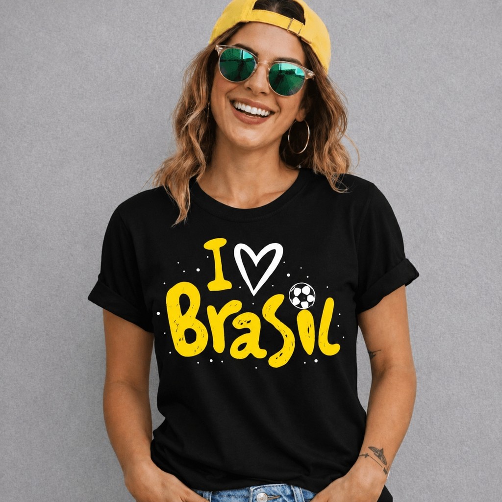 Camiseta T-shirt I Love Brasil Feminina Estampada Copa Do Mundo Torcedora Moda Casual Algodão