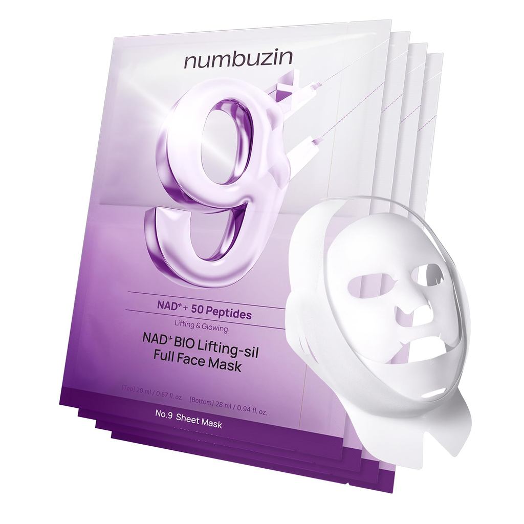 numbuzinNo.9+NAD+BIOLifting Full Face Mask, uma máscara firmadora de dupla ação com peptídeos e colágeno, cria uma pele